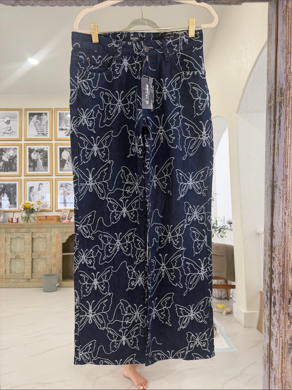 Jaded London Dark Denim Wide-Leg Low Rise Petite Jeans with White Butterflies